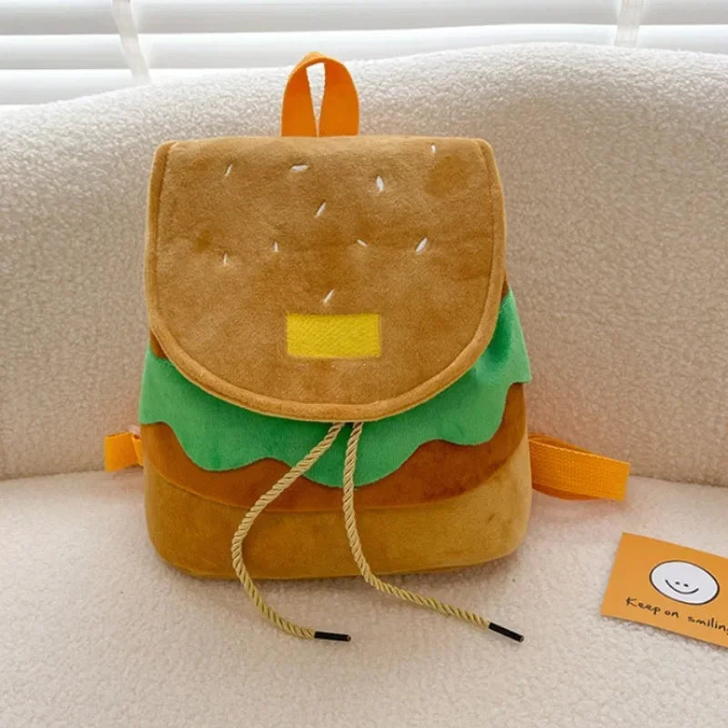 Large Capacity Plush Backpacks Lovely Cartoon Hamburger Backpack Drawstring School Bag Travel Backpack for Students