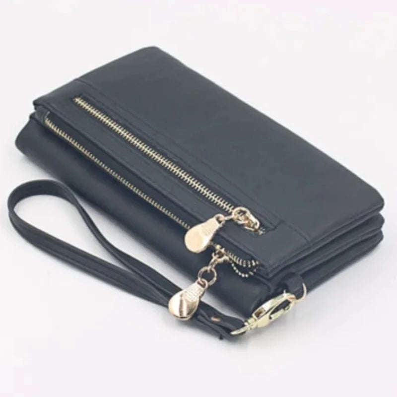 Large Capacity Women's Dull Polish Leather Wallet Double Zipper Clutch Wristlet Purse Phone Coin Card Holder Multi-pocket Wallet