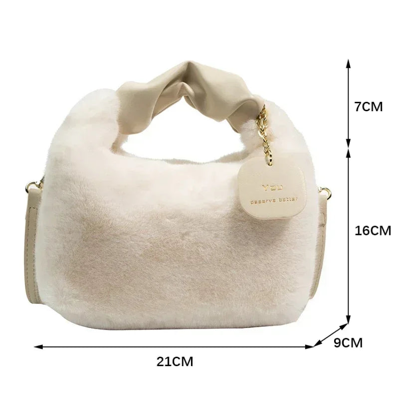 Women Faux Fur Plush Handbags Ruched Handle Small Lady Shoulder Crossbody Bag Casual Tote Half-Moon Hobos Winter Bags for Women