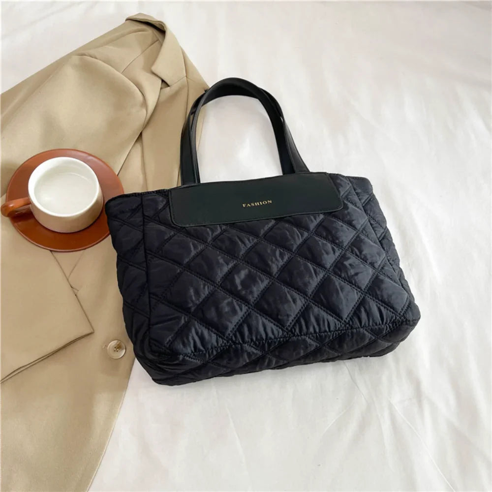 Women's Quilted Tote Bag Large Capacity Handbag Solid Color Shoulder Bag