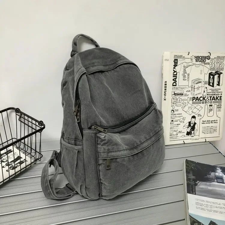 Gray Denim Backpack Women's Travel Shoulder Bag Unisex Fashion Schoolbag