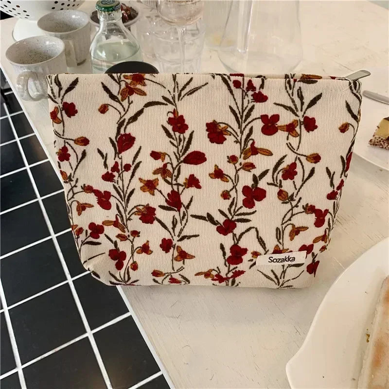 Women Floral Beauty Cosmetic Bag Makeup Case Organizer Korean Embroidery Corduroy Travel Large Wash Toiletry Storage Bag Pouch