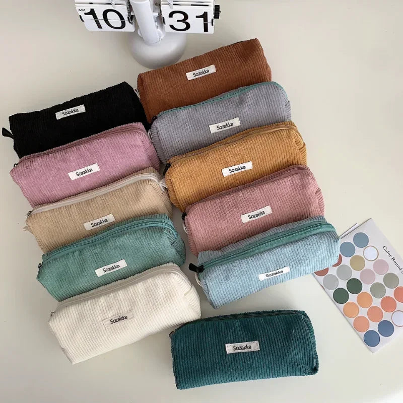 Korean Corduroy Cosmetic Bag Small Makeup Pouch Lady Portable Travel Toiletry Bag Makeup Organizer Student Cute Pencil Case