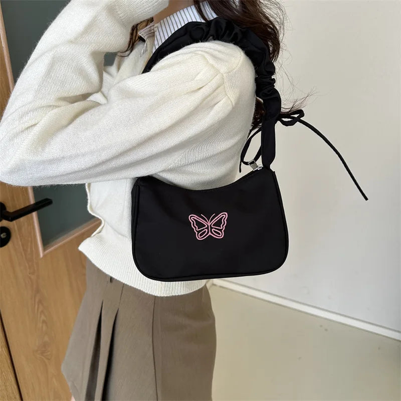 Y2K Embroidery Butterfly Nylon Shoulder Bag with Bow Handle