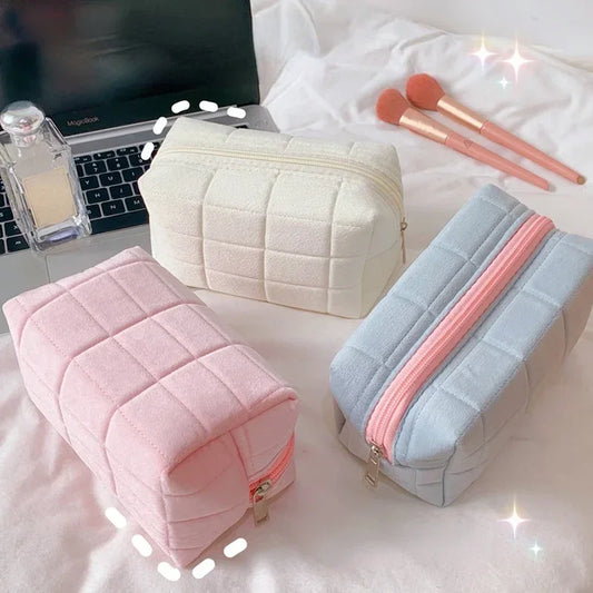 Soft Multifunctional Cosmetic Bag Organizer Large Capacity Pink White Blue Plush Makeup Bag Pencil Case Cute Student Storage Bag