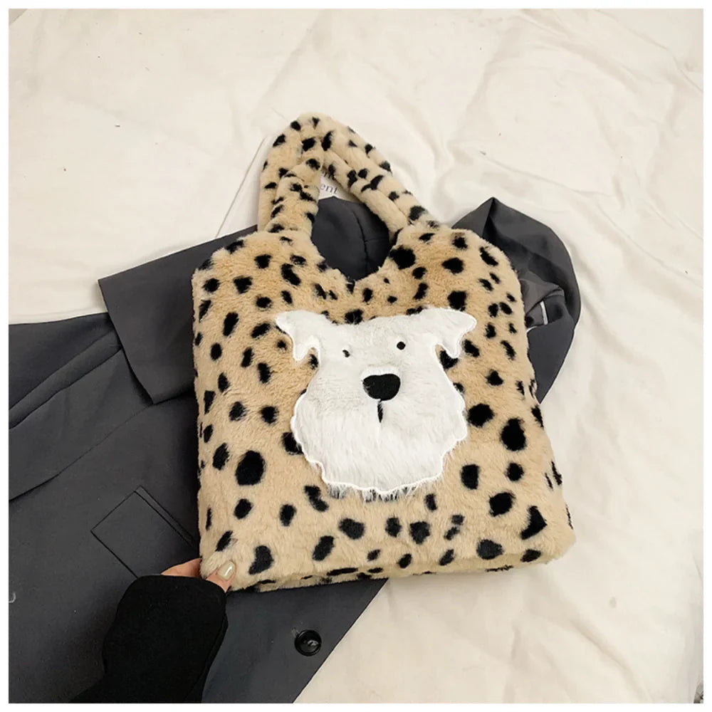 Cute Puppy Plush Leopard Print Tote Bag - Large Capacity Fashion Shoulder Bag