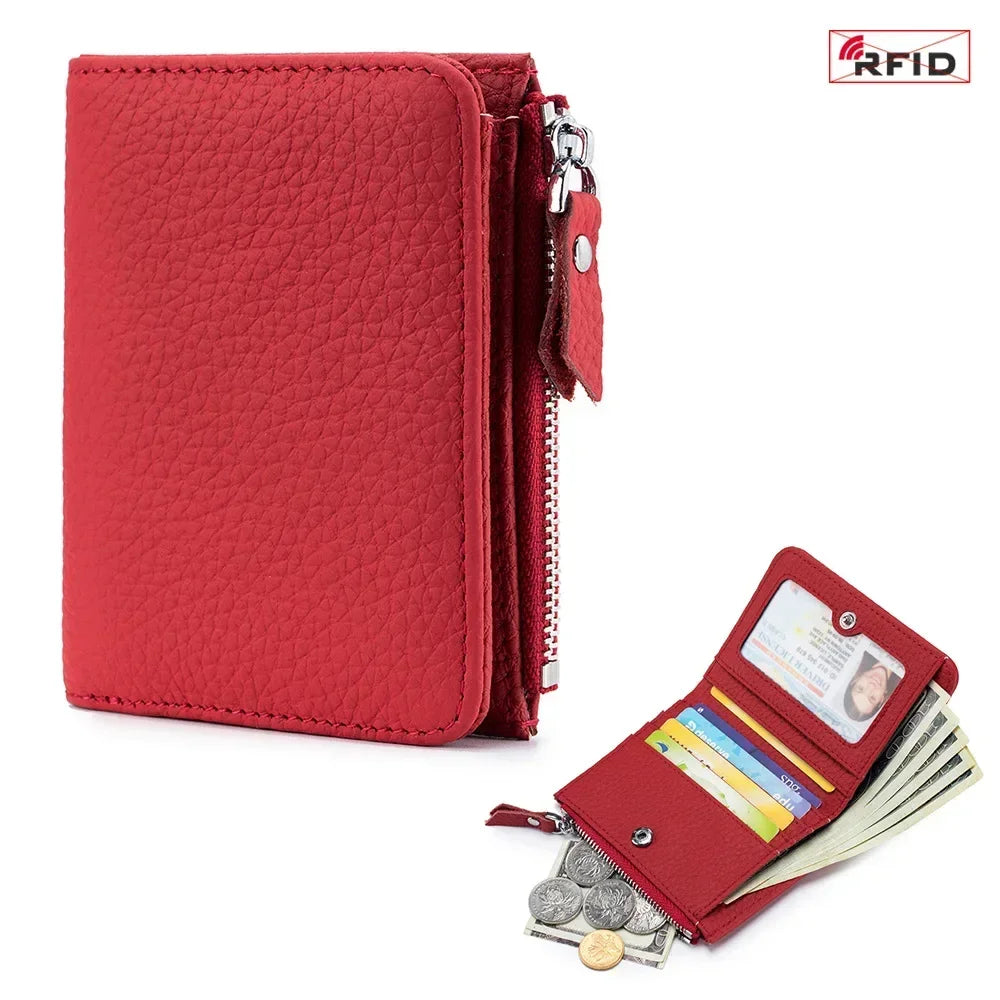 Genuine Leather RFID Short Wallets Card Holder Bag Portable Cowhide Small Zipper Money Coin Purse for Men Women Earphone Pouch