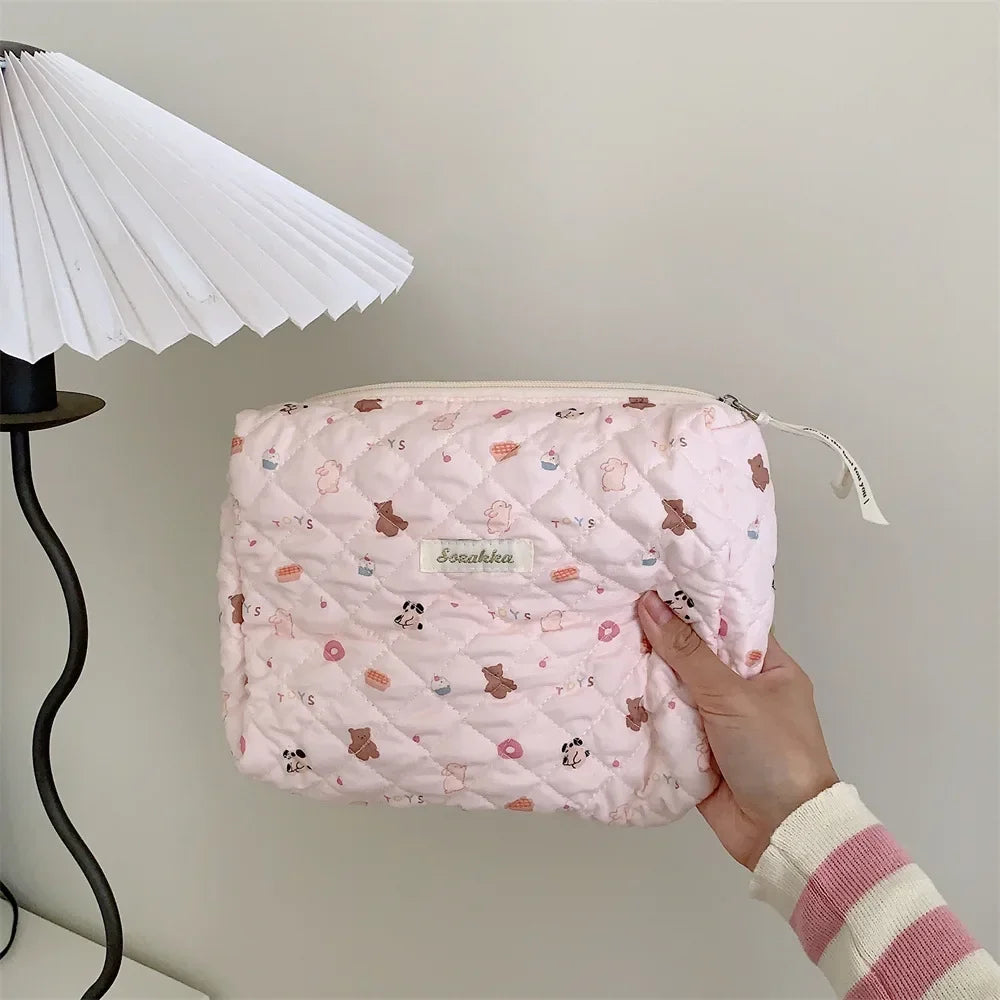 Cute Pink Women's Cosmetic Bag Make Up Case Cotton Travel Storage Bags Portable Wash Makeup Bag Large Clutch Purse Handbags