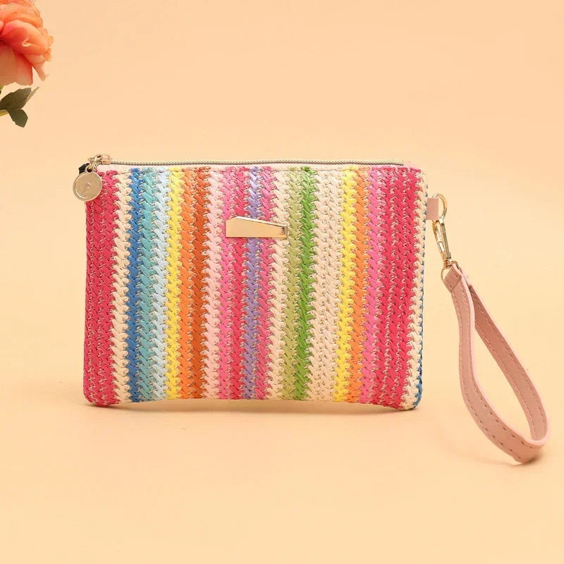 Rattan Knitting Women Straw Bags Fashion Colorful Summer Beach Clutch Bag Female Woven Wristlet Bag Wallet Money Coin Purse