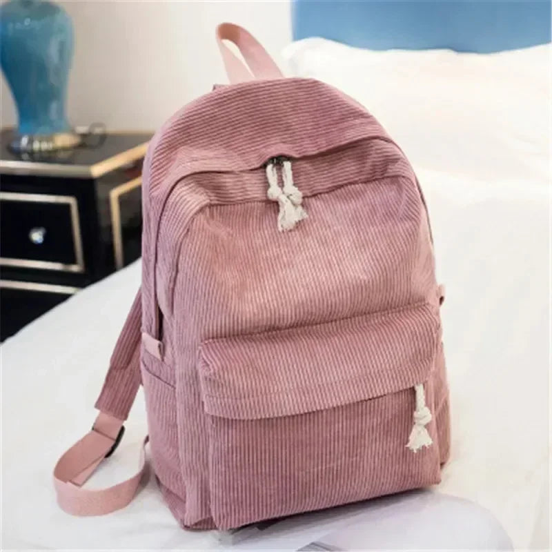 Corduroy Women's Travel Backpack - Large Capacity Striped School Bag