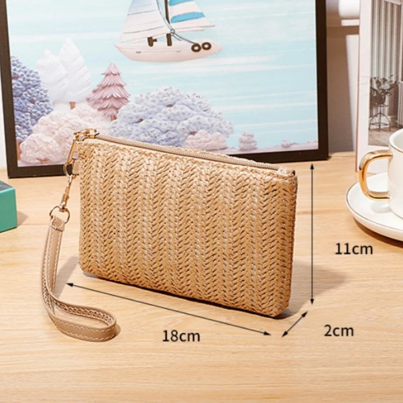 Womens Straw Clutch Bag Bohemian Summer Beach Straw Purse Zipper Wristlet Wallets Simple Phone Pouch Coin Purse Card Holder