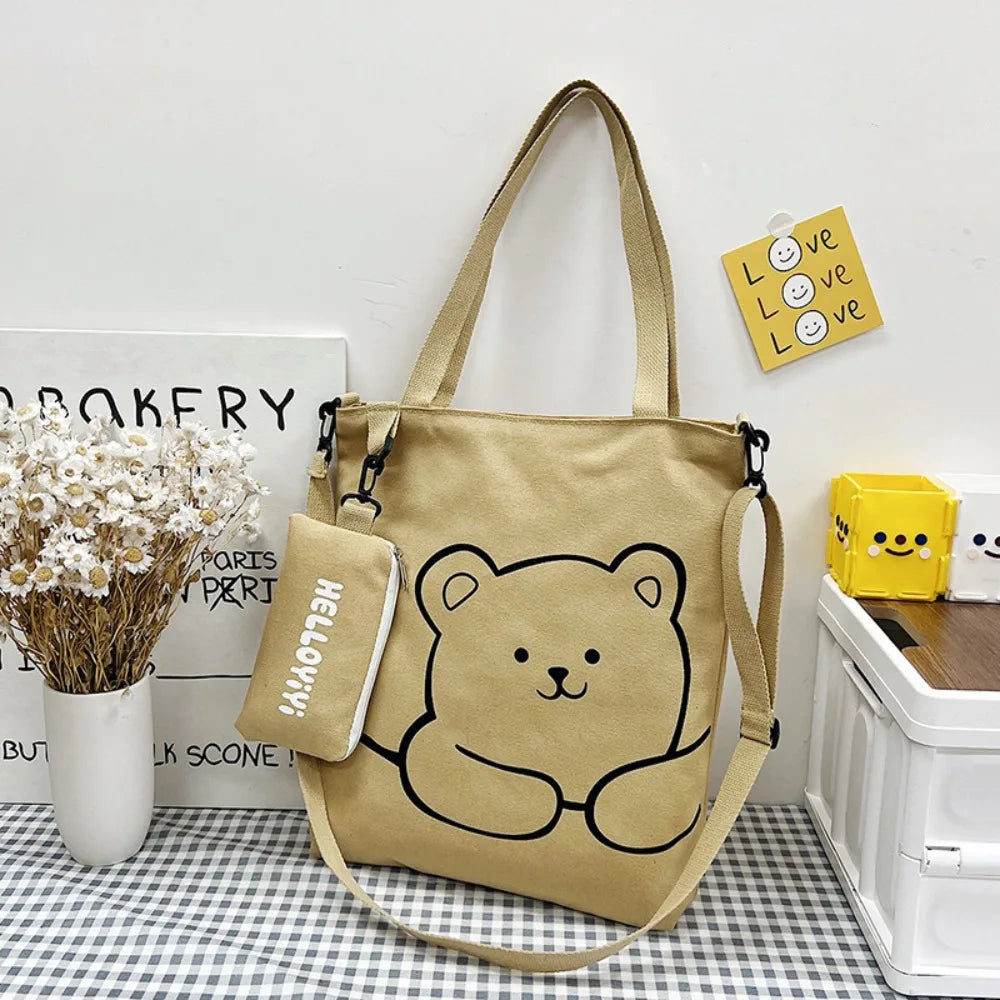 Cute Canvas Tote Bag with Pen Case, Large Capacity, Multifunctional Shoulder Crossbody Bag