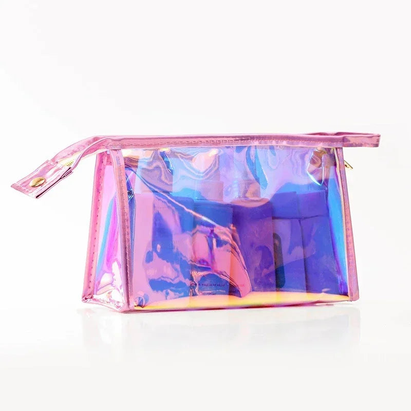 PVC Waterproof Transparent Cosmetic Bag Wash Toiletry Makeup Bag Organizer Female Girls Laser Color Zipper Make Up Beauty Case