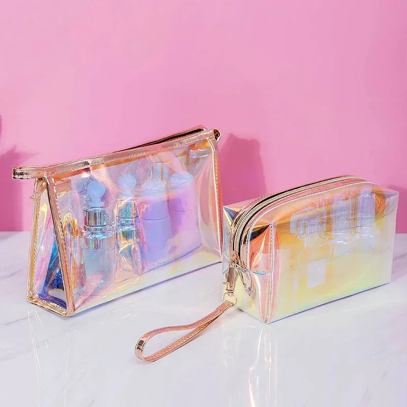 PVC Waterproof Transparent Cosmetic Bag Wash Toiletry Makeup Bag Organizer Female Girls Laser Color Zipper Make Up Beauty Case