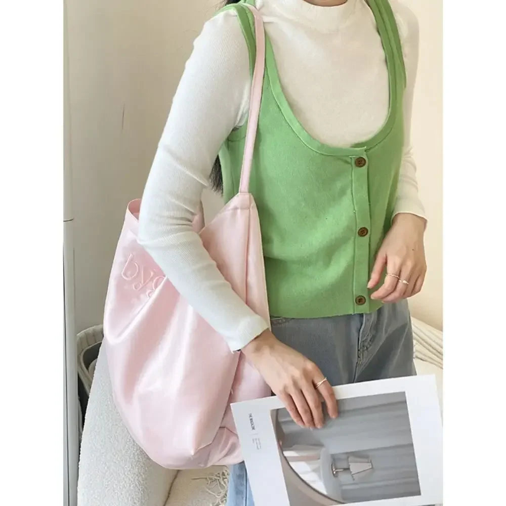 Fashion Embroidery Satin Tote Bag Large Capacity Shoulder Bag Solid Color Lightweight Shopping Bag