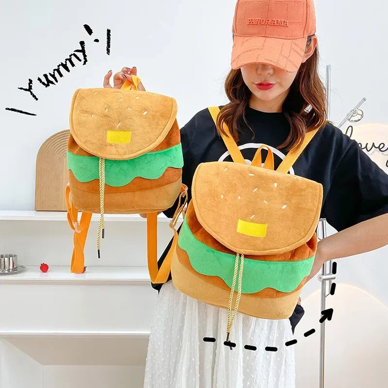 Large Capacity Plush Backpacks Lovely Cartoon Hamburger Backpack Drawstring School Bag Travel Backpack for Students