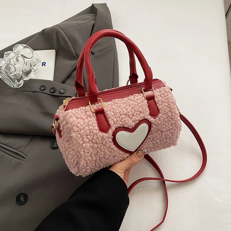 Lambswool Heart Splicing Plush Shoulder Bag - Women's Cylindrical Crossbody Handbag