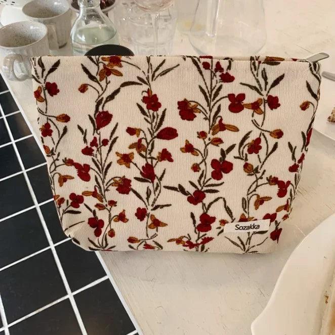 Retro Flower Print Cosmetic Bag Large Women Corduroy Beauty Makeup Bag Travel Cosmetic Organizer Wash Toiletry Storage Bag