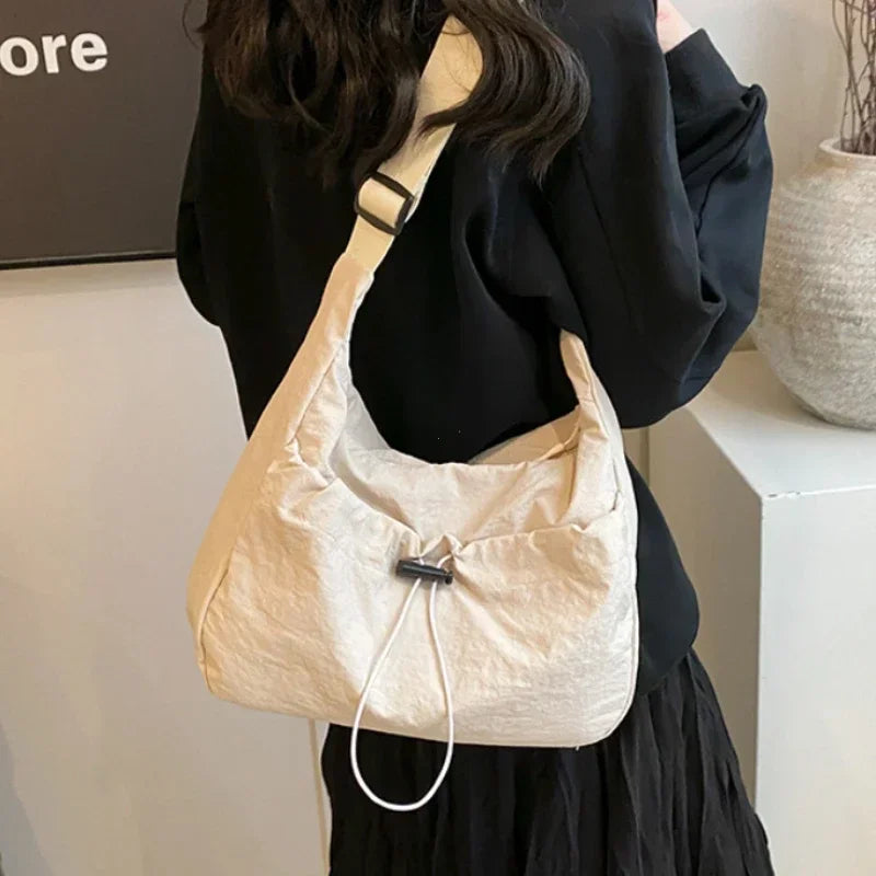 Fashionable Solid Color Pleated Crossbody Bag New Niche Design Nylon Shoulder Bag Casual Versatile Classroom Commuting SaddleBag