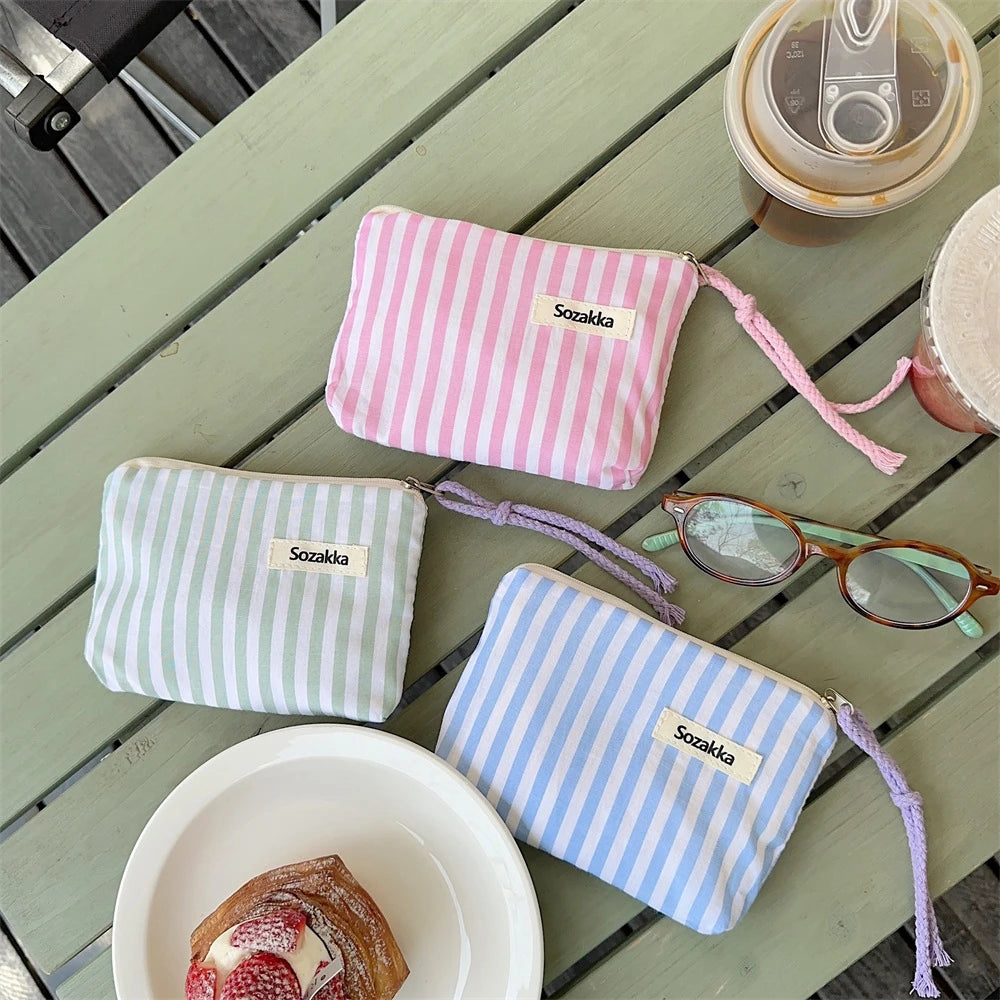 Small Cosmetic Make Up Bag Mini Canvas Striped Organizer Bags for Women Lipstick Makeup Case Children Cute Purse Coin Pouch Case