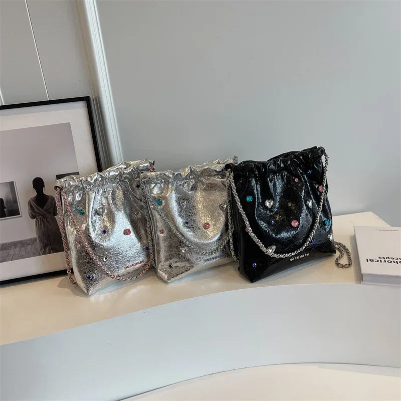 Diamonds Design Silver Leather Crossbody Bags for Women 2025 Luxury Designer Korean Fashion Chain Shoulder Bag Handbags