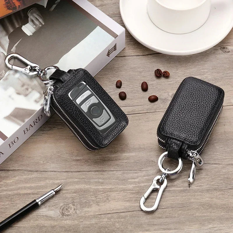 Double-layer Zipper Car Key Bag Lychee Pattern Top Layer Cowhide Key Bag Genuine Leather Key Chain Large Capacity Unisex KeysBag