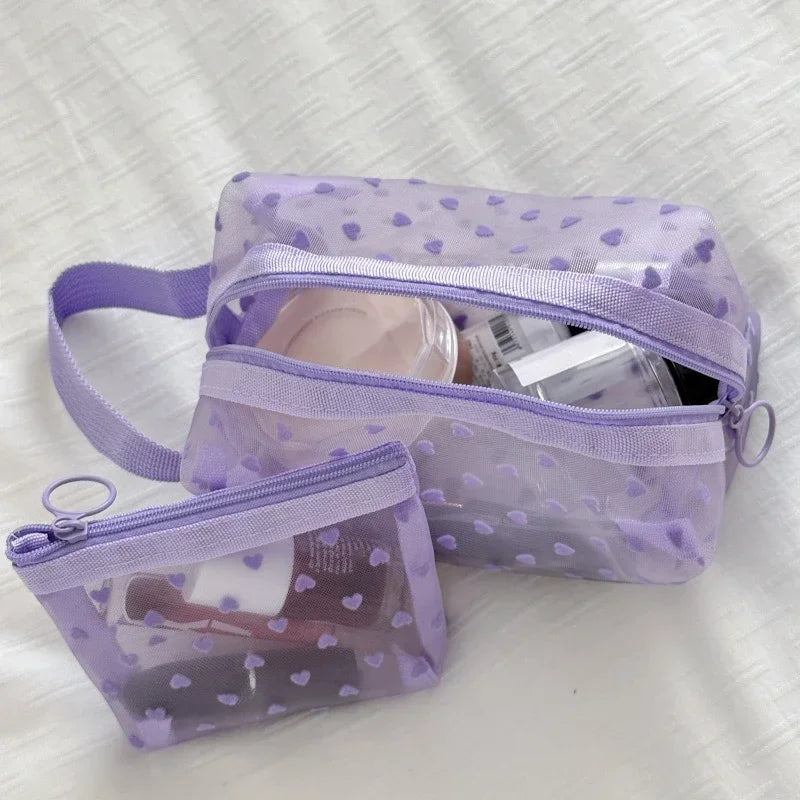 Purple Heart Printed Mesh Transparent Cosmetic Bag Portable Travel Makeup Organizer Toiletry Storage Bag Pouch Card Holder Purse