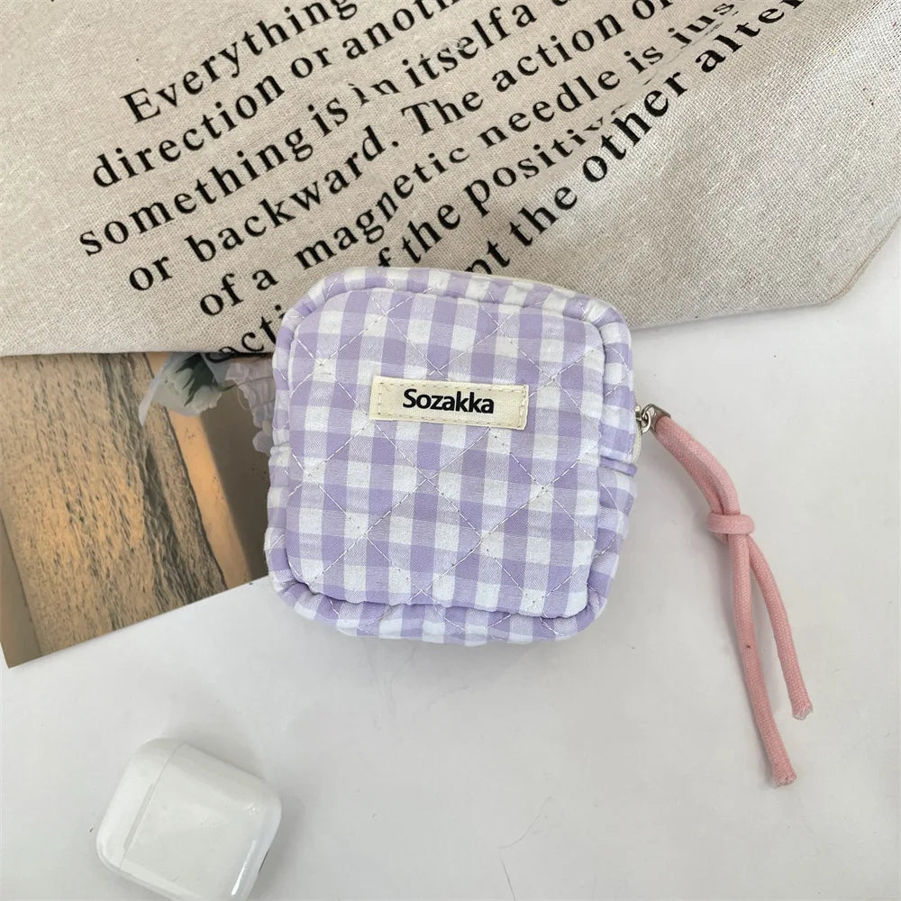 Mini Cute Plaid Square Cosmetic Bag Women Portable Earphones Lipstick Sanitary Napkins Storage Pouch Small Makeup Zipper Bags