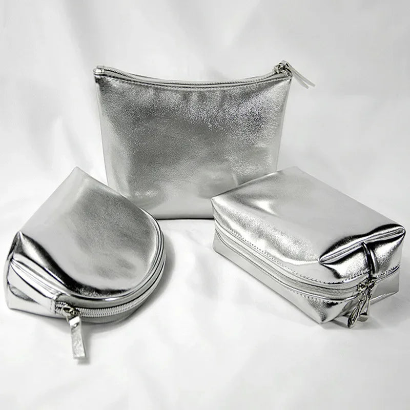 Silver Leather Clutch Cosmetic Bag Travel Organizer