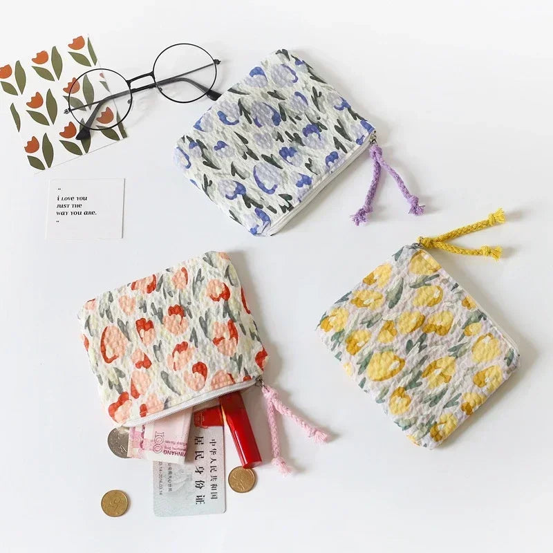 Japan Style Floral Coin Purse Women Mini Bag Cotton Change Purse Girls Cute Small Wallet Square Coin Pouch Cosmetic Storage Bag