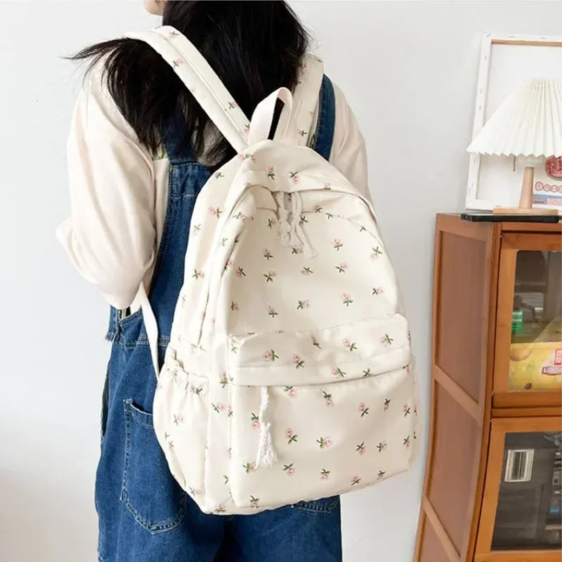 Floral White School Backpack for Teenage Girls - Cute Nylon Rucksack Book Bag