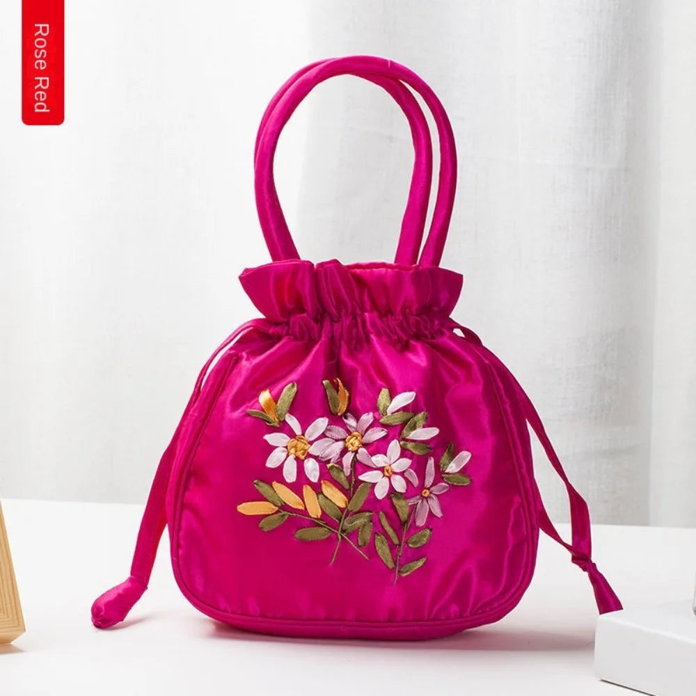 Mini Embroidered Flower Pattern Drawstring Bag Small Women Bucket Bag Top Handle Ladies Handbag Phone Bag Summer Purse