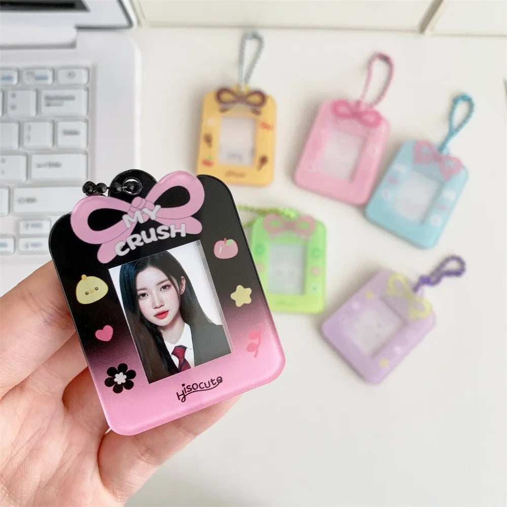 1PC Cartoon Bow Acrylic Hard Card Holder Kawaii Frame 1 inch Photo Card Holder Keychain Card Protctive Case