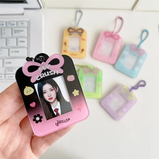 1PC Cartoon Bow Acrylic Hard Card Holder Kawaii Frame 1 inch Photo Card Holder Keychain Card Protctive Case