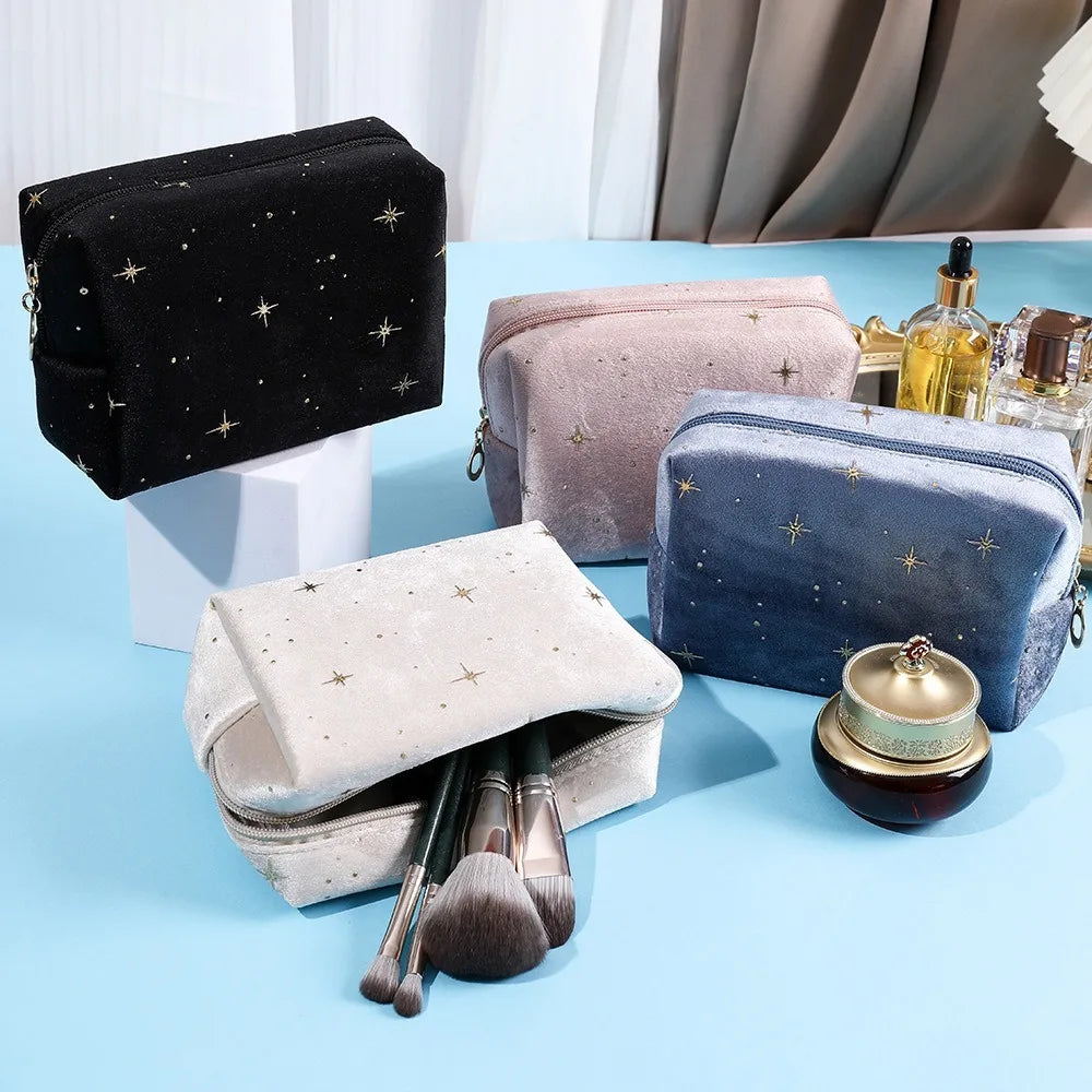 High Quality Portable Cosmetic Bag Soft Velvet Hot Stamping Star Pattern Make Up Storage Bag with Zipper Beauty Case Pouch