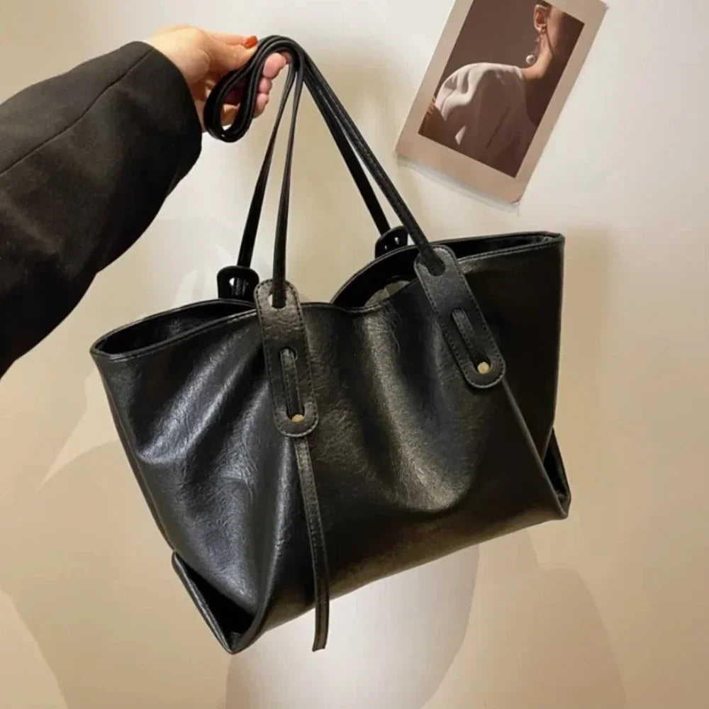 Women's Large Capacity Leather Tote Bag - Trendy Shoulder Handbag