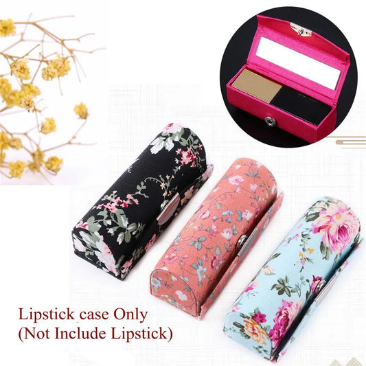 Flower Design Lipstick Case Embroidered Lip Gloss Box Mini Mirror Jewelry Holder Makeup Storage Gift