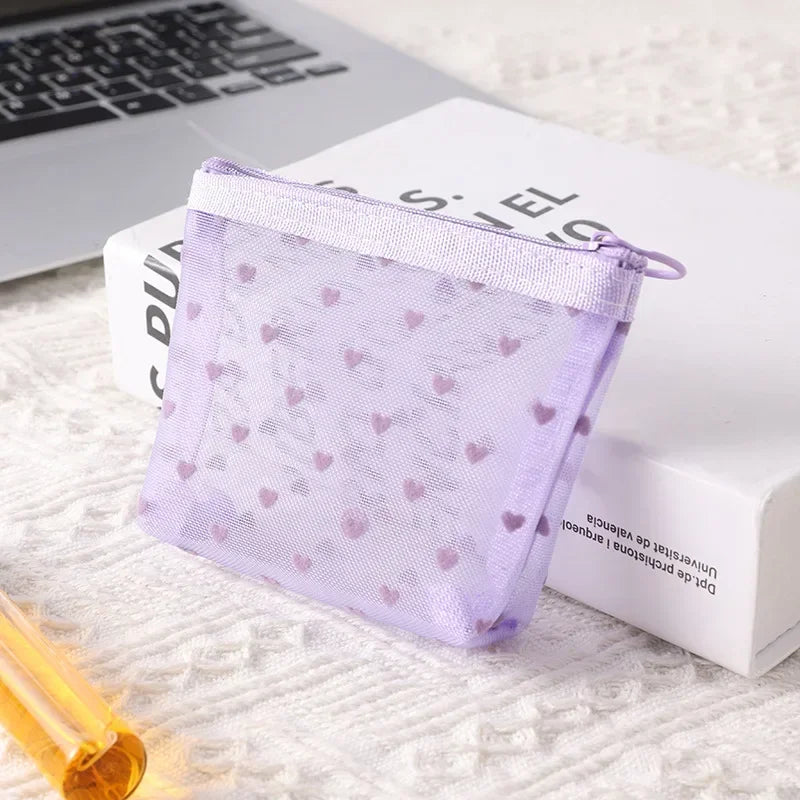 Cute Heart-Shaped Nylon Mesh Coin Purse Pouch Large Capacity Key Lipstick Earphone Organizer Card Bag