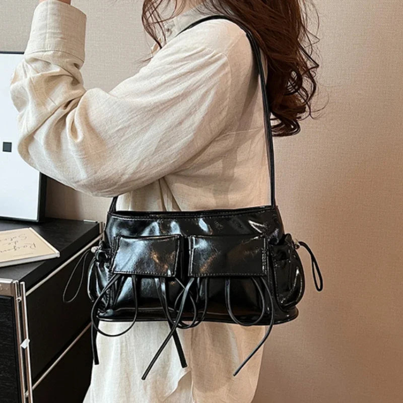 Double Pockets Design PU Leather Shoulder Bags for Women 2025 New Fashion Trend Crossbody Bag Females Silver Handbags