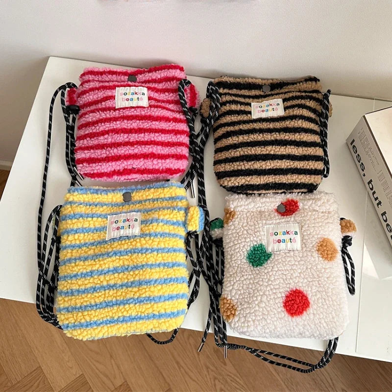 New Plush Dot Crossbody Bags for Women Cute Pink Single Shoulder Crossbody Bag Women Shopping Storage Bag Portable Phone Pouch