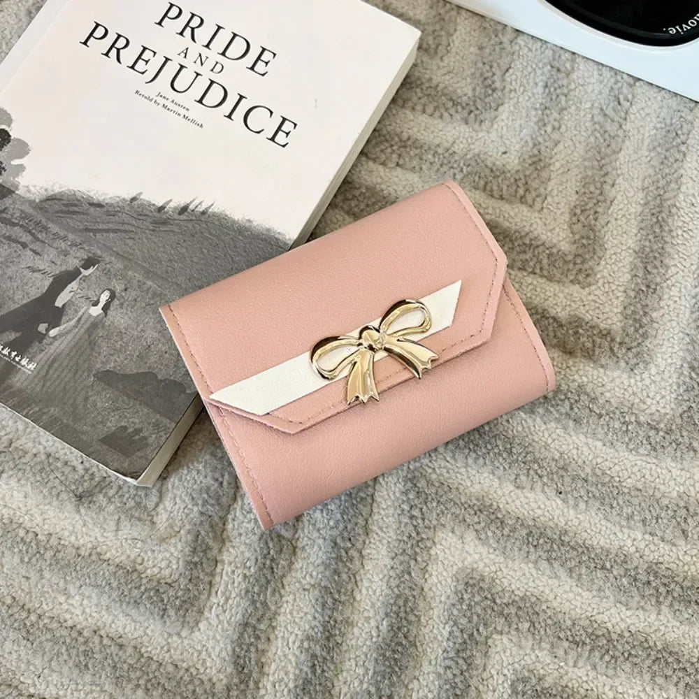 Women Wallet Foldable Portable Ladies Short Coin Purses Fashion Cute Bow Clutch Bag PU Leather Quality Female Card Holder Purse