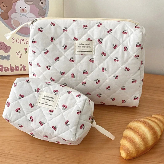 Cherry Quilted Cotton Makeup Bag Zipper Pouch