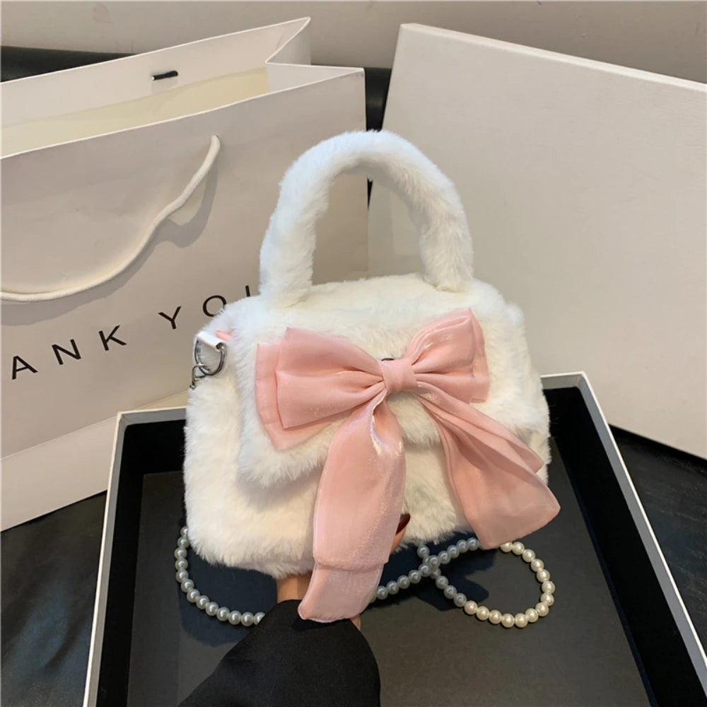 Cute Bowknot Plush Crossbody Bag with Pearl Chain - Women's Furry Winter Handbag