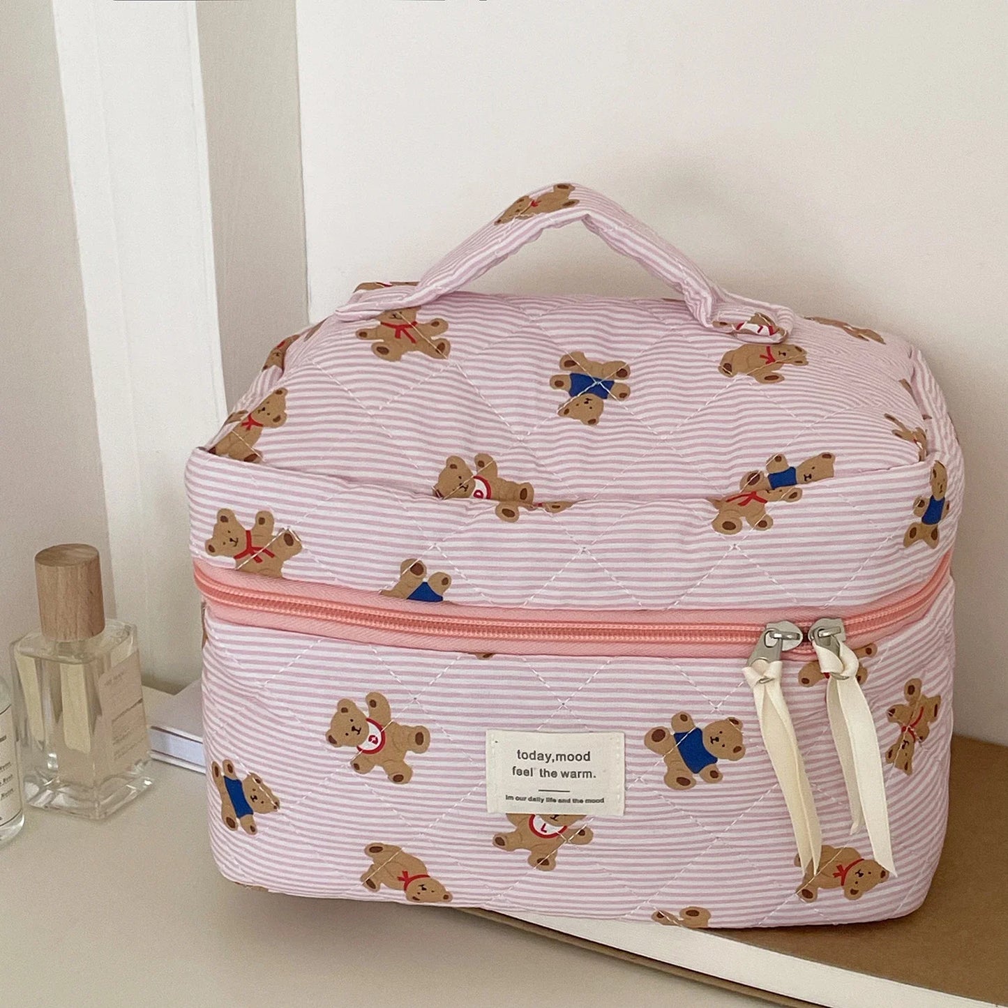 Cute Small Bear Cotton Makeup Bag Women Zipper Cosmetic Organizer Female Cloth Handbag Portable Toiletry Case for Girls