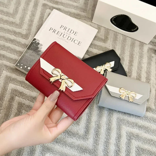 Women Wallet Foldable Portable Ladies Short Coin Purses Fashion Cute Bow Clutch Bag PU Leather Quality Female Card Holder Purse