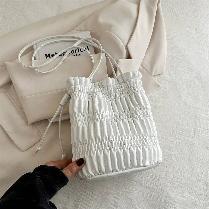 Silver PU Leather Drawstring Bucket Bag - Women's Designer Shoulder Handbag