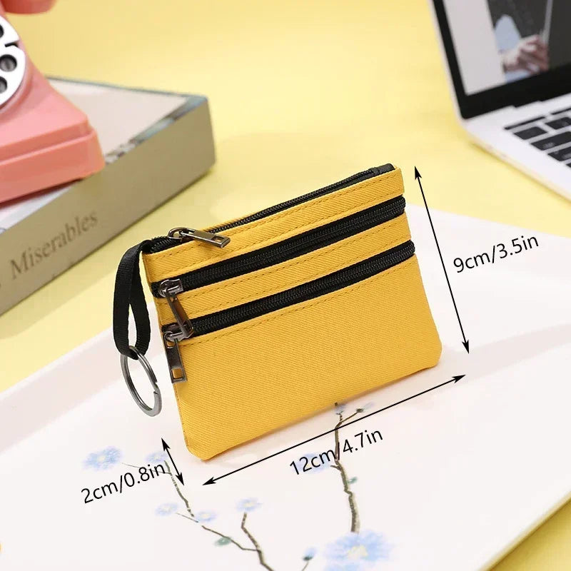 3 Zippers Canvas Coin Purse Women's Mini Wallet Solid Change Purses With Keychain Money Bags Coin Key Storage Bag Card Holder