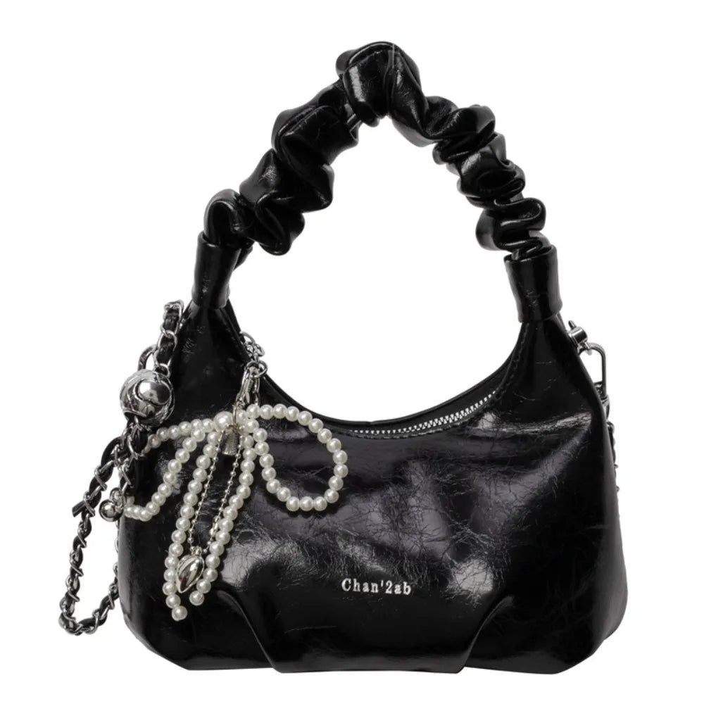 Pleated PU Leather Pearl Bow Crossbody Shoulder Bag