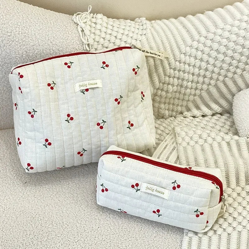 Quilted Cotton Cherry Cosmetic Bag Women's Travel Makeup Case