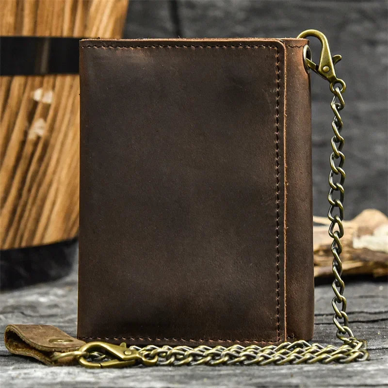 Men Genuine Leather Short Wallet with Chain Zipper Clutch Wallets Male Short Trifold Purse Card Holder Change Coin Purse